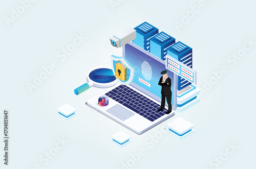 Modern Isometric Online administrator, web hosting concept. Technician repair software. Hardware protection share infographic. Store safe server. Suitable for Diagrams, Game Asset, And Other asset