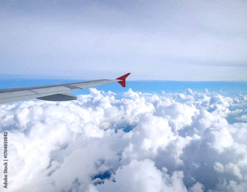 Fototapeta premium Airplane wing above clouds, travel, sky