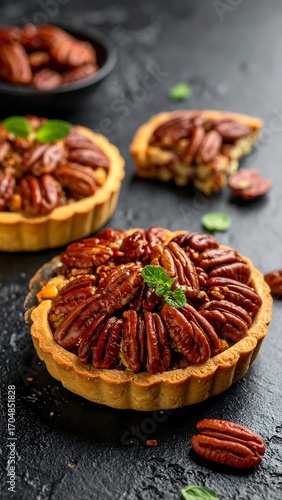 Pecan pies on a dark surface
