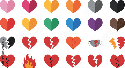 Diverse collection of colorful and textured heart icons for romance and love themes