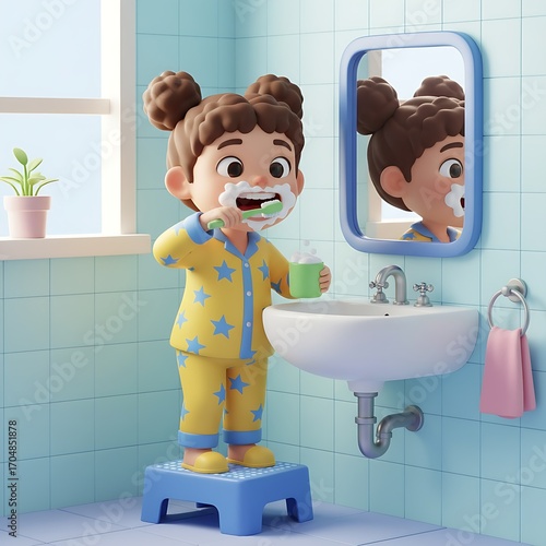 Little Child Brushing Teeth While Sleepy After Waking Up
