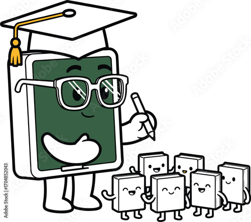 Cartoon book character wearing graduation cap and glasses teaching small books