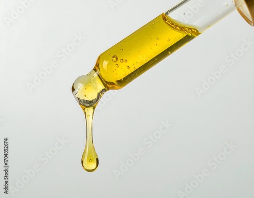 Droplet of golden liquid from a glass pipette