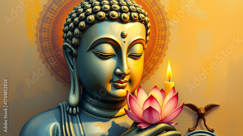oil painting of buddha statue with lotus flower and candle ornament ,
