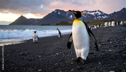 Penguins on a dark beach at sunset