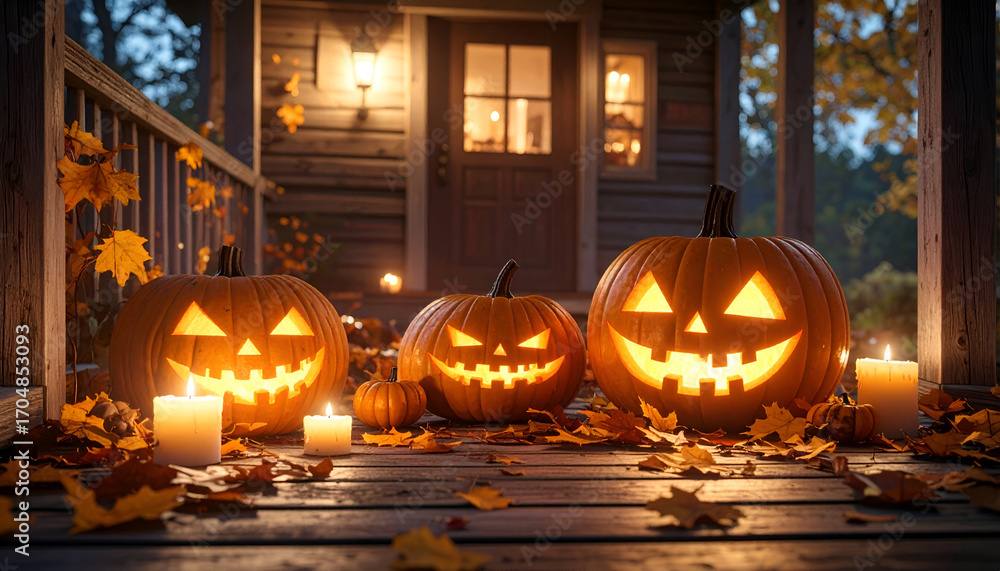 Obraz premium Glowing jack-o'-lanterns on a porch decorated for Halloween night.