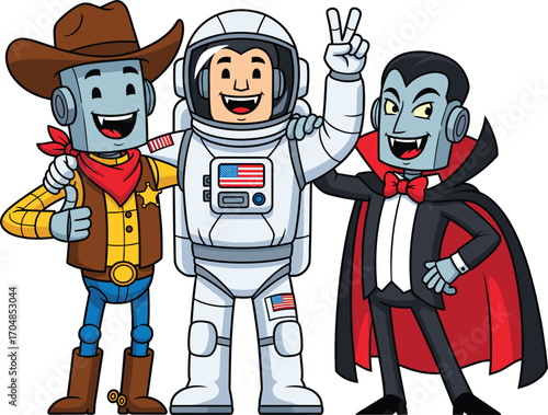 Cartoon characters of a cowboy astronaut and vampire standing together