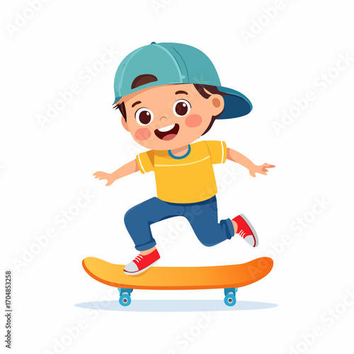 Cute cartoon boy with a happy expression riding a skateboard in a dynamic pose. Vector illustration of a child enjoying an active outdoor hobby