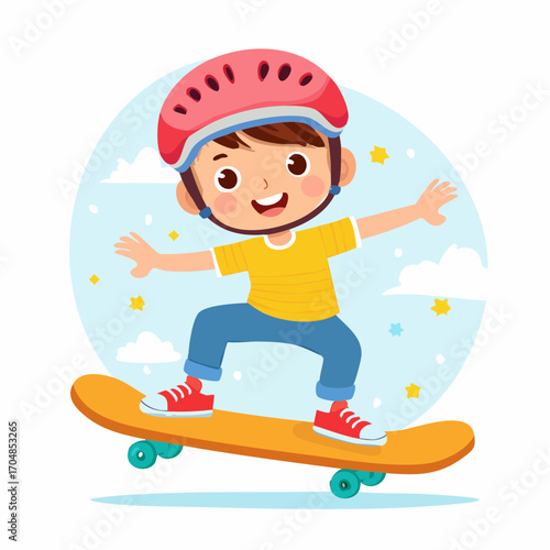 Cute cartoon boy with a happy smile wearing a safety helmet while riding a skateboard outdoors