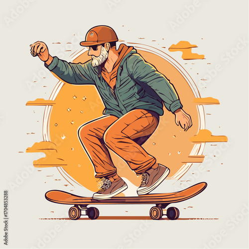 Energetic elderly man with a white beard skateboarding, a vibrant illustration of an active and youthful spirit at any age