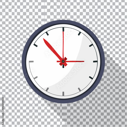Modern analog wall clock icon with long shadow effect on a transparent background, representing time management and deadlines