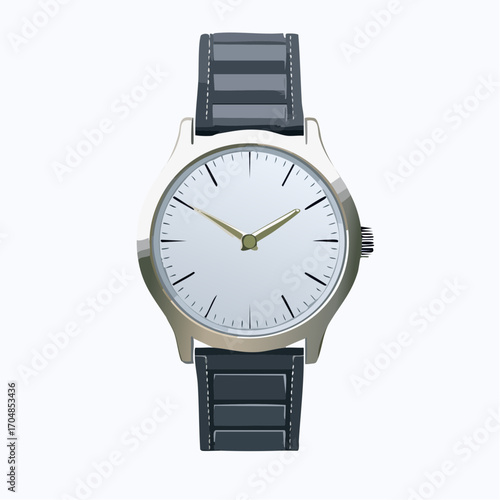 Timeless elegance embodied in a minimalist analog wristwatch with a sleek silver case and dark link strap, isolated on a white background for style concepts