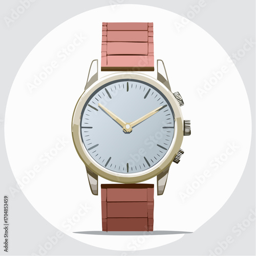 Classic analog watch illustration featuring a stylish pink strap and round dial. A timeless and elegant accessory for fashion and timekeeping, isolated vector graphic