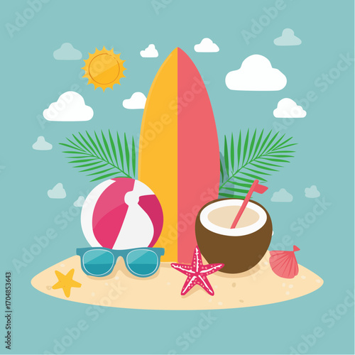 Summer holiday essentials on a sandy island, featuring a colorful surfboard, beach ball, and cool sunglasses under the sun