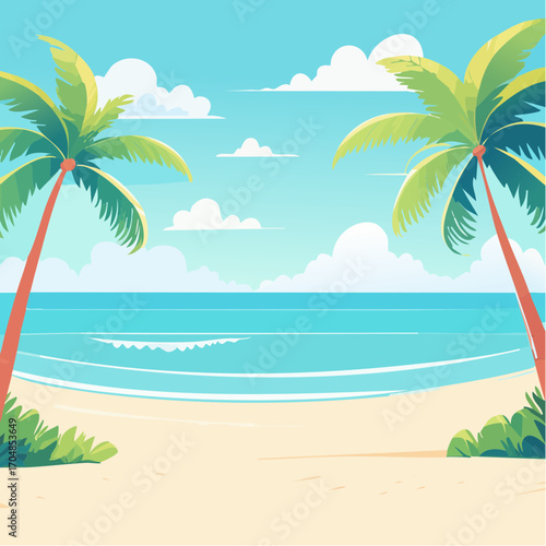 A serene and picturesque summer vacation background featuring a sunny tropical beach, gentle ocean waves, and lush palm trees