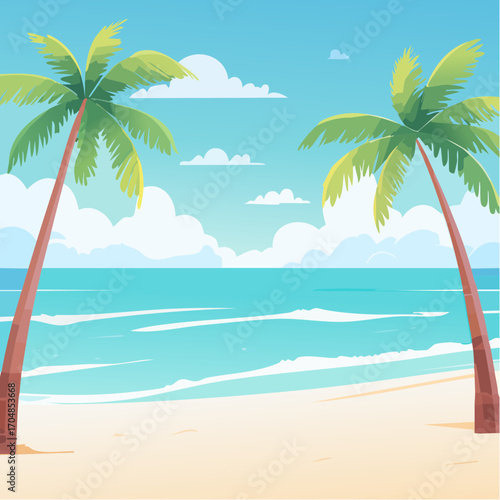Idyllic tropical paradise landscape featuring a sandy shore, calm sea, and coconut palms in a flat vector style