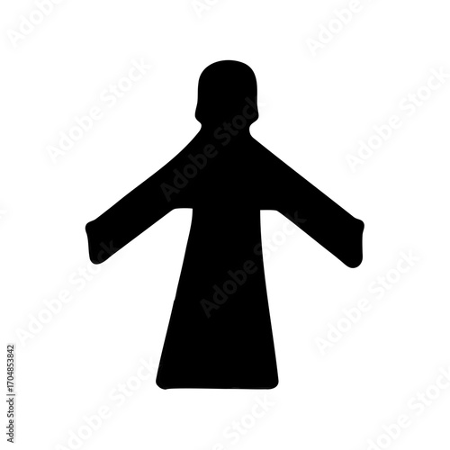 Dark silhouette of a figure with open arms standing on a white background