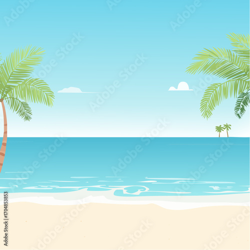 Idyllic tropical beach scene with lush palm trees framing a calm blue ocean, a perfect summer vacation paradise backdrop
