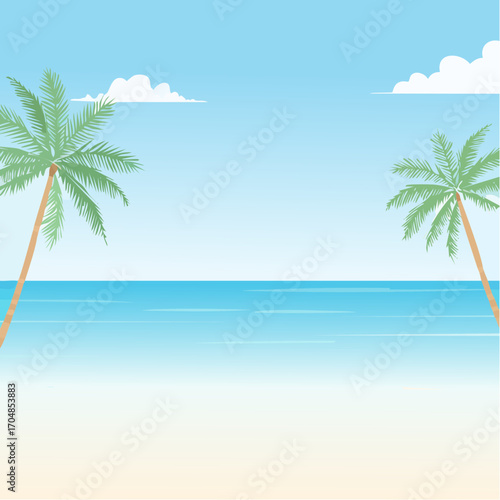 Serene tropical beach scene with two palm trees framing a calm blue ocean and clear sky. A beautiful summer vacation paradise background
