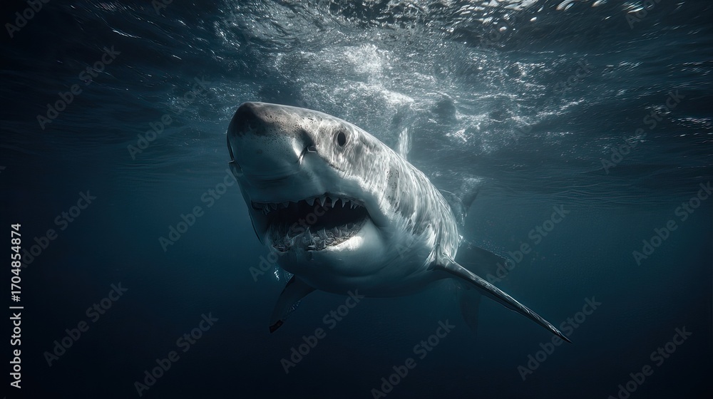 Fototapeta premium Majestic Great White Shark Swimming Gracefully Through the Ocean Depths Captured in Stunning Detail and Clarity