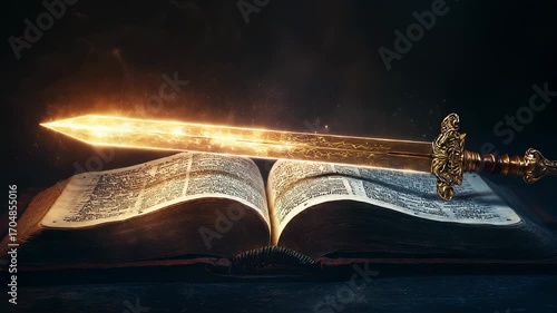 Golden Sword of Power and Knowledge on Ancient Book, a Symbol of Wisdom and Strength