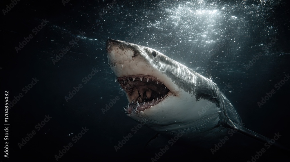 Fototapeta premium Majestic Great White Shark Approaching with Wide Open Jaws Underwater in Dark Ocean Environment
