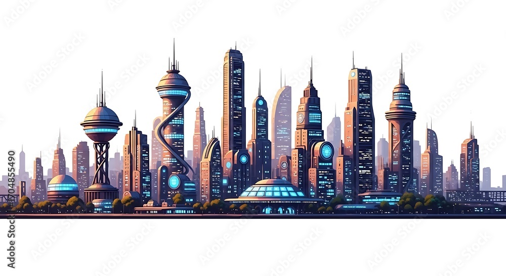 Fototapeta premium Futuristic City Skyline with Modern Urban Skyscrapers and Sci-Fi Architecture, Isolated on White Background