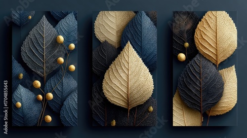 Three panels showcasing textured leaves in deep blue and beige, accented with gold details, set against a dark background
