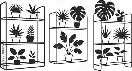 Modern indoor plant shelf display, minimalist home decor with potted houseplants, aesthetic greenery arrangement, bla