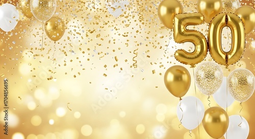 Golden 50th birthday celebration with balloons and confetti