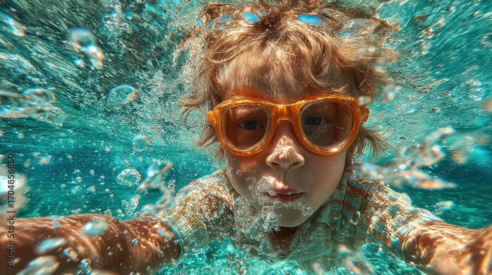 Fototapeta premium Little Boy with Goggles Swims Underwater in Sparkling Turquoise Water Bubbles Looking Curious with a Slight Smile on his Face Swimming in Summer
