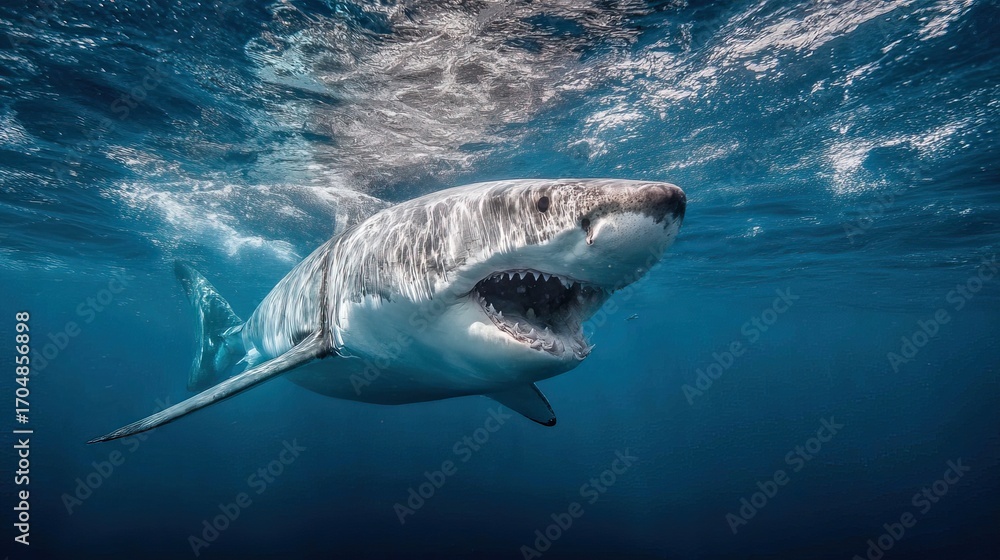 Fototapeta premium Majestic Great White Shark Swimming in Crystal Clear Ocean Waters with Open Mouth and Prominent Teeth