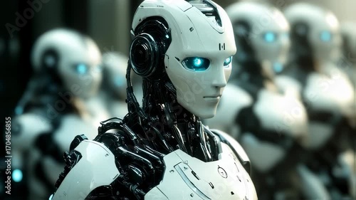 Futuristic robotic army advances, showcasing humanoid cyborgs with blue glowing eyes and advanced
