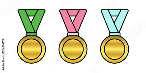 A set of three gold-colored medals with different colored ribbons: green, pink, and light blue. The vibrant colors and polished finish give them an air of excellence and achievement.
