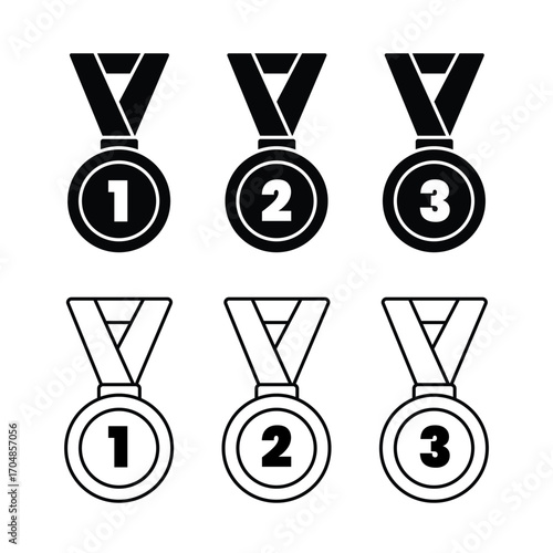 A set of six medal icons, showcasing the first, second, and third-place awards. The top row is a solid black design, and the bottom is a clean black outline.