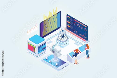 Modern Isometric artificial intelligence robot learning illustration, Web Banner, Suitable for Diagrams, Infographics, Book Illustrations, Game Assets and Other Graphic Related Assets
