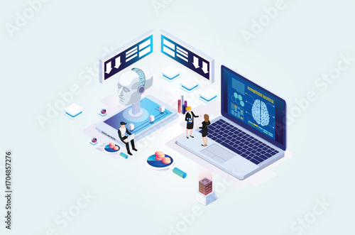 Modern Isometric artificial intelligence robot learning illustration, Web Banner, Suitable for Diagrams, Infographics, Book Illustrations, Game Assets and Other Graphic Related Assets