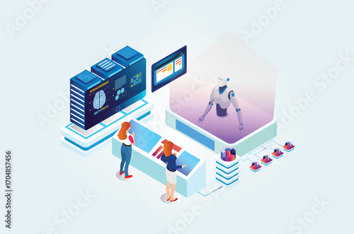 Modern Isometric artificial intelligence robot learning illustration, Web Banner, Suitable for Diagrams, Infographics, Book Illustrations, Game Assets and Other Graphic Related Assets