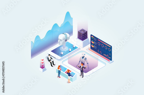Modern Isometric artificial intelligence robot learning illustration, Web Banner, Suitable for Diagrams, Infographics, Book Illustrations, Game Assets and Other Graphic Related Assets
