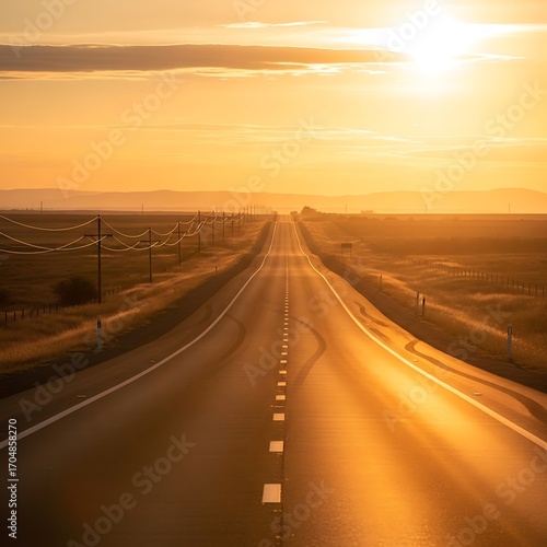 Scenic golden highway at sunset leads toward distant horizon views