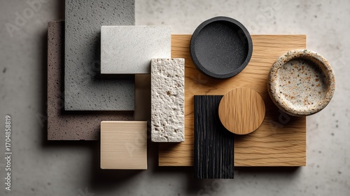 An overhead view of various textured material samples including wood, stone, and ceramic for design and architectural inspiration.