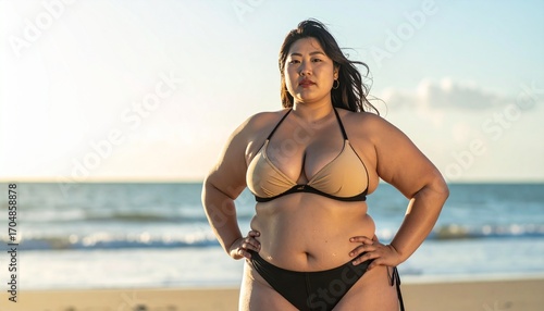 Plus-size Japanese woman in a colorful bikini standing on a sunny beach, smiling