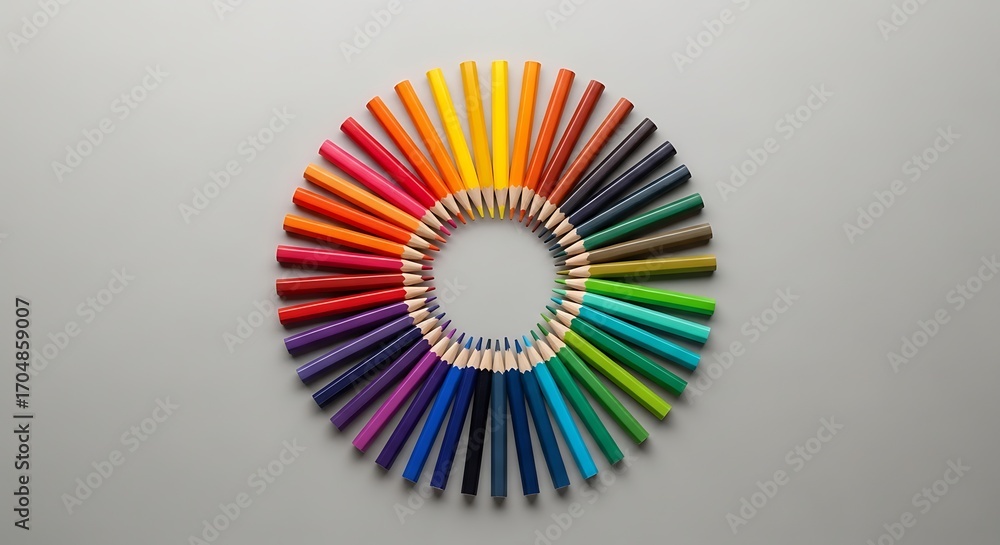 Obraz premium Spectrum of colored pencils organized in circular arrangement on grey background