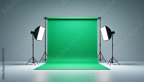 Professional Photography Studio Setup With Green Screen Background And Studio Lighting Equipment For Visual Effects And Video Production