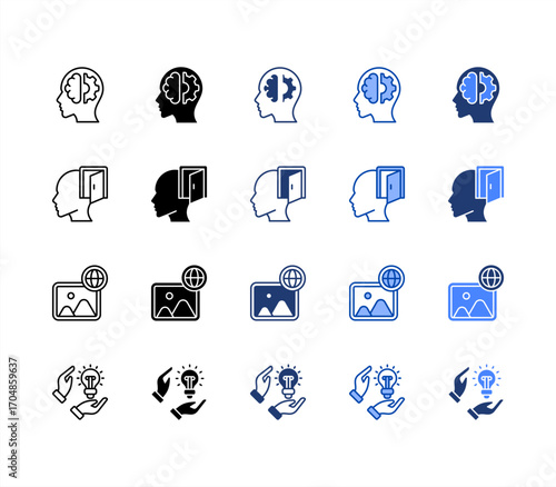 Ideas, Imagery, Originality, Perspective, multiple style icon set.
