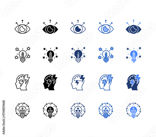 Artistic, Brainstorm, Innovative, Innovative solutions, multiple style icon set.