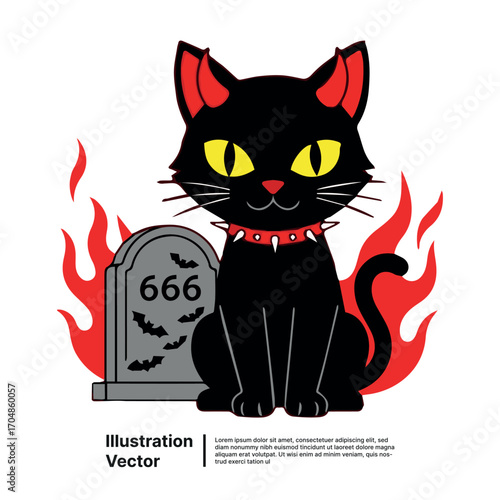 Cute black devil cat with horns and a spiked collar sitting by a flaming 666 gravestone