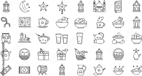 Ramadan Mubarak icons for a blessed celebration, perfect for greeting cards and social media posts honoring the holy month with traditional elements