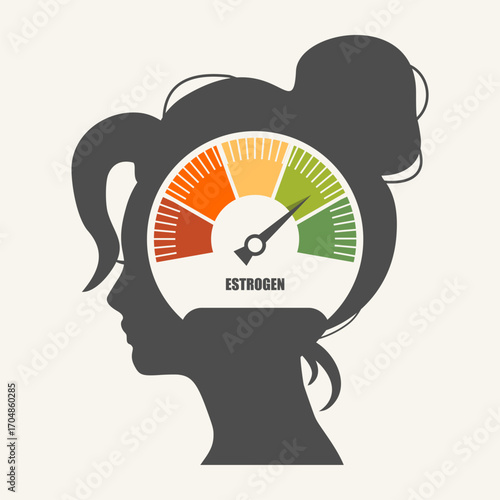 Hormone estrogen level measuring scale. Health care concept illustration. Young woman head with meter scale