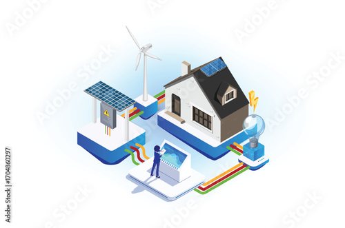 Modern isometric illustration of a house using solar panels with renewable energy.  Suitable for Diagrams, Game Asset, And Other asset